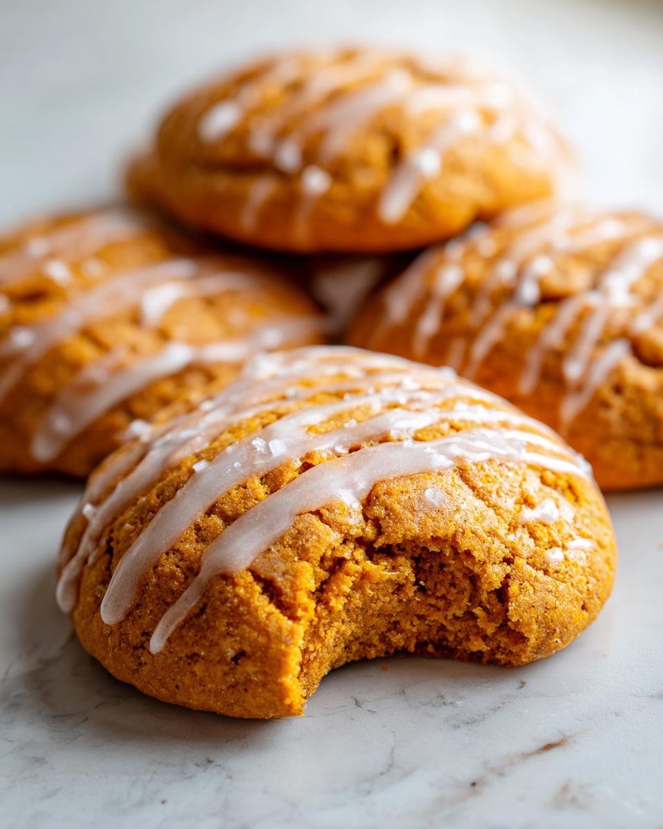 Close-up of a soft, orange Pumpkin Cookie with a bite taken out, drizzled with white glaze and sea salt.