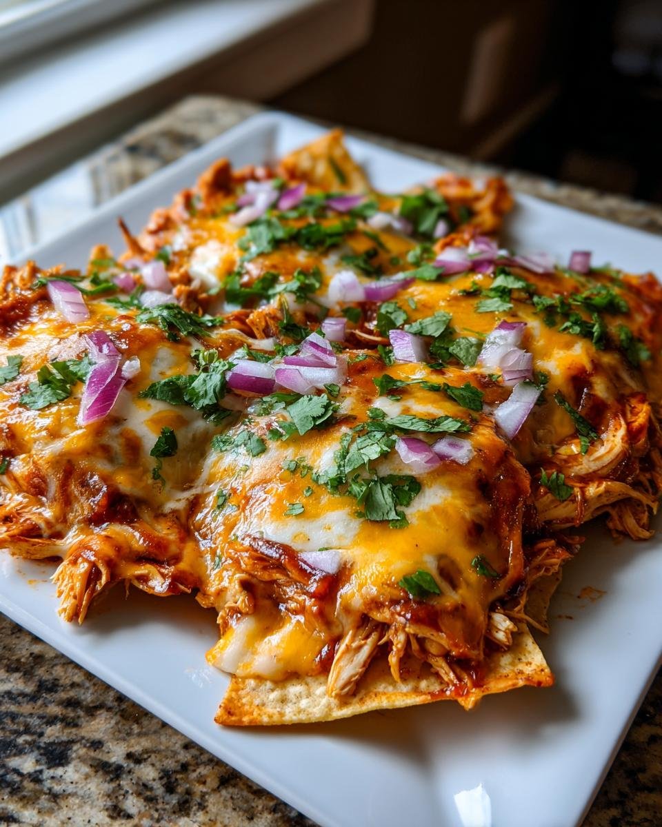 Close-up of Southern Sheet Pan BBQ Chicken Nachos loaded with melted cheese, shredded chicken, red onion, and cilantro.