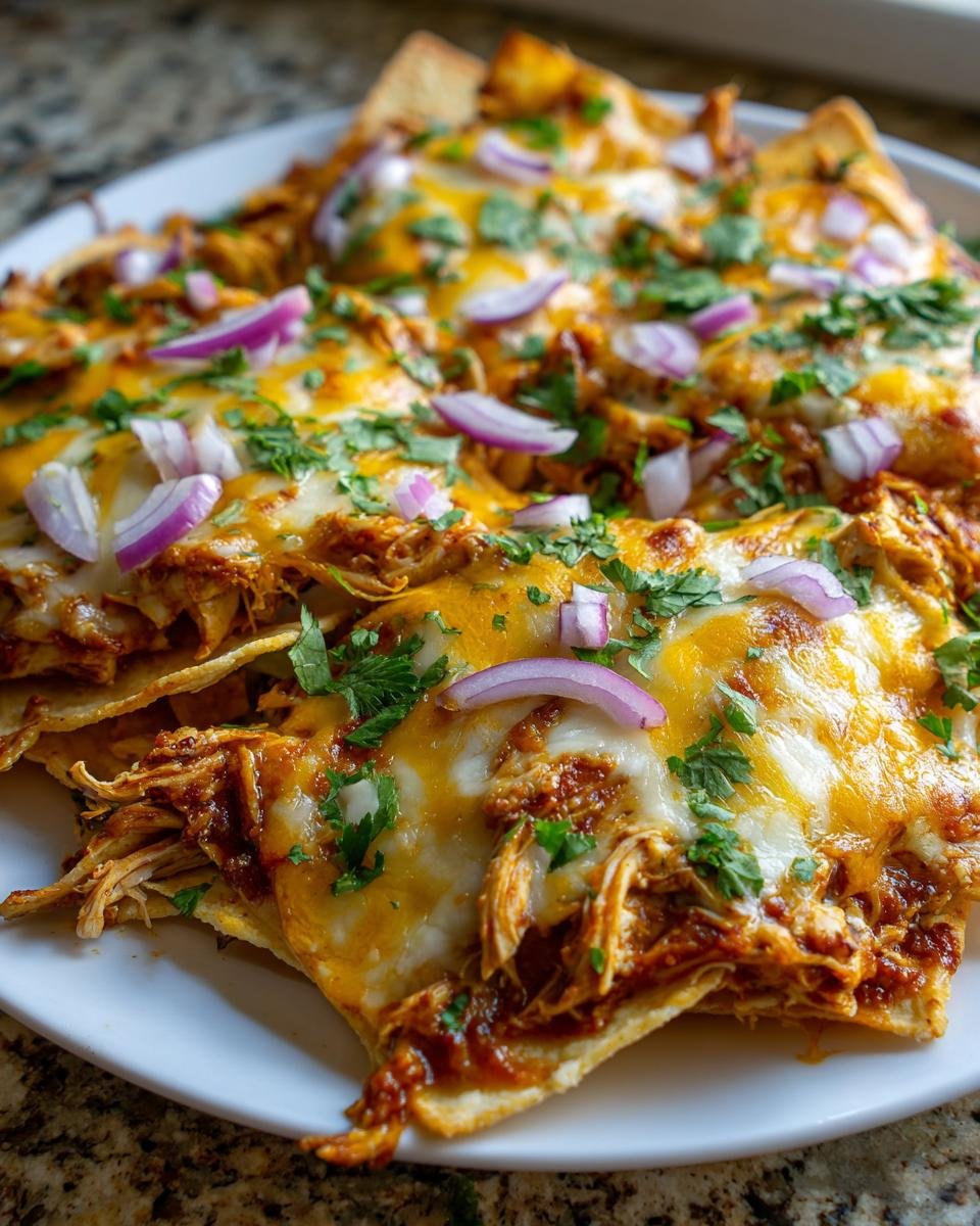 Melted cheese covers shredded chicken and tortilla chips in a plate of Southern Sheet Pan BBQ Chicken Nachos, topped with red onion.