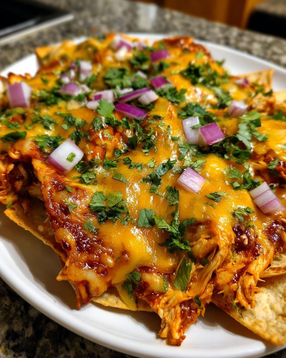 Close-up of Southern Sheet Pan BBQ Chicken Nachos topped with melted cheddar cheese, diced red onion, and cilantro.