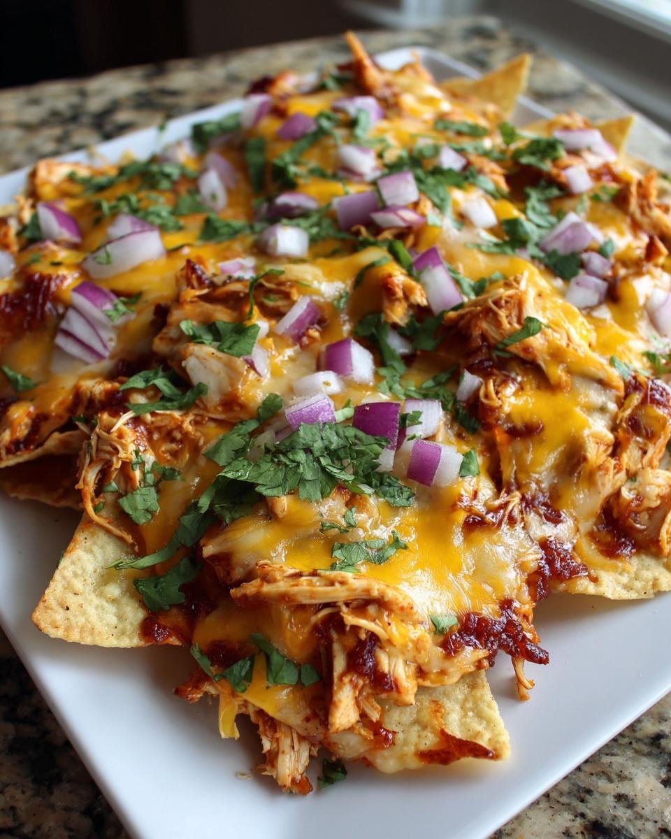 Close-up of Southern Sheet Pan BBQ Chicken Nachos topped with melted cheese, diced red onion, and cilantro.