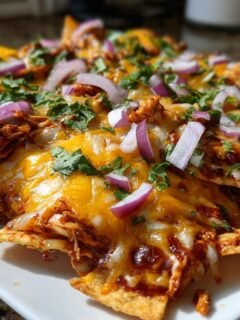 Close-up of Southern Sheet Pan BBQ Chicken Nachos covered in melted cheddar cheese, pulled chicken, and red onion.
