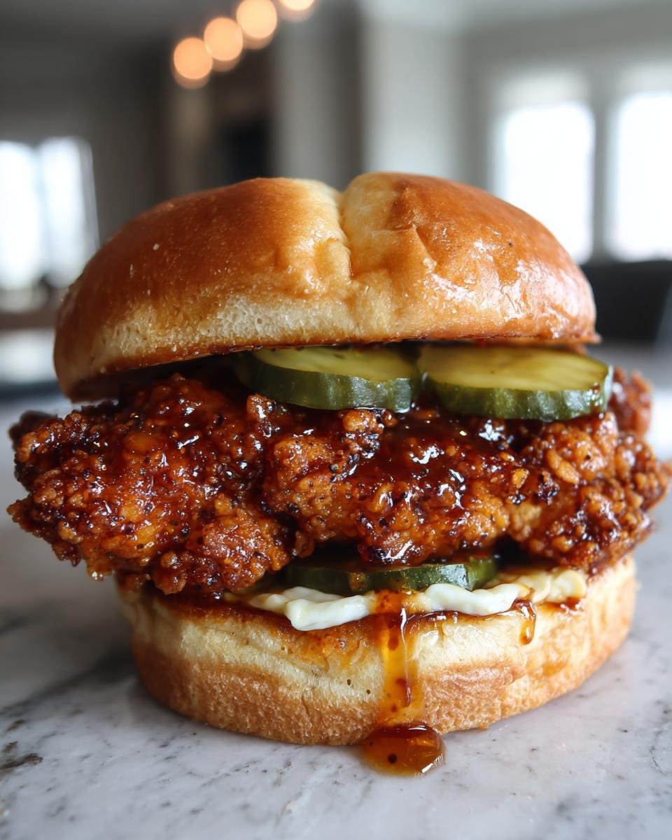 A close-up of a Spicy Hot Honey Crispy Chicken Sandwich featuring a glazed fried chicken fillet, pickles, and sauce on a brioche bun.
