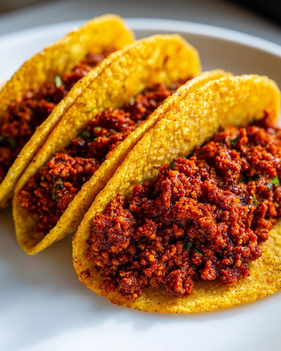 Three crispy corn tacos filled generously with vibrant red, spicy sofritas quinoa mixture.