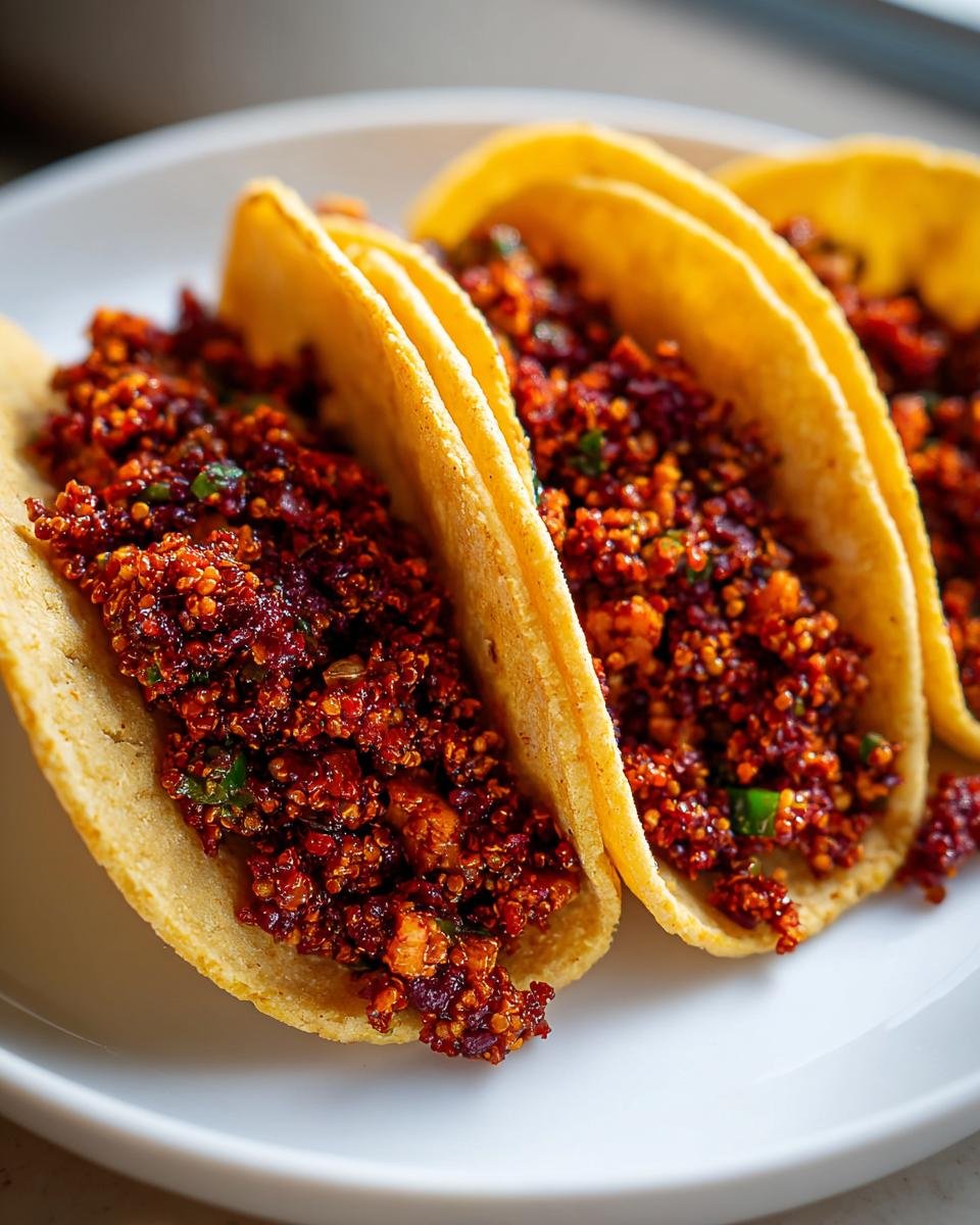 Three Spicy Sofritas Quinoa Tacos filled with vibrant red, seasoned quinoa mixture in soft corn shells on a white plate.