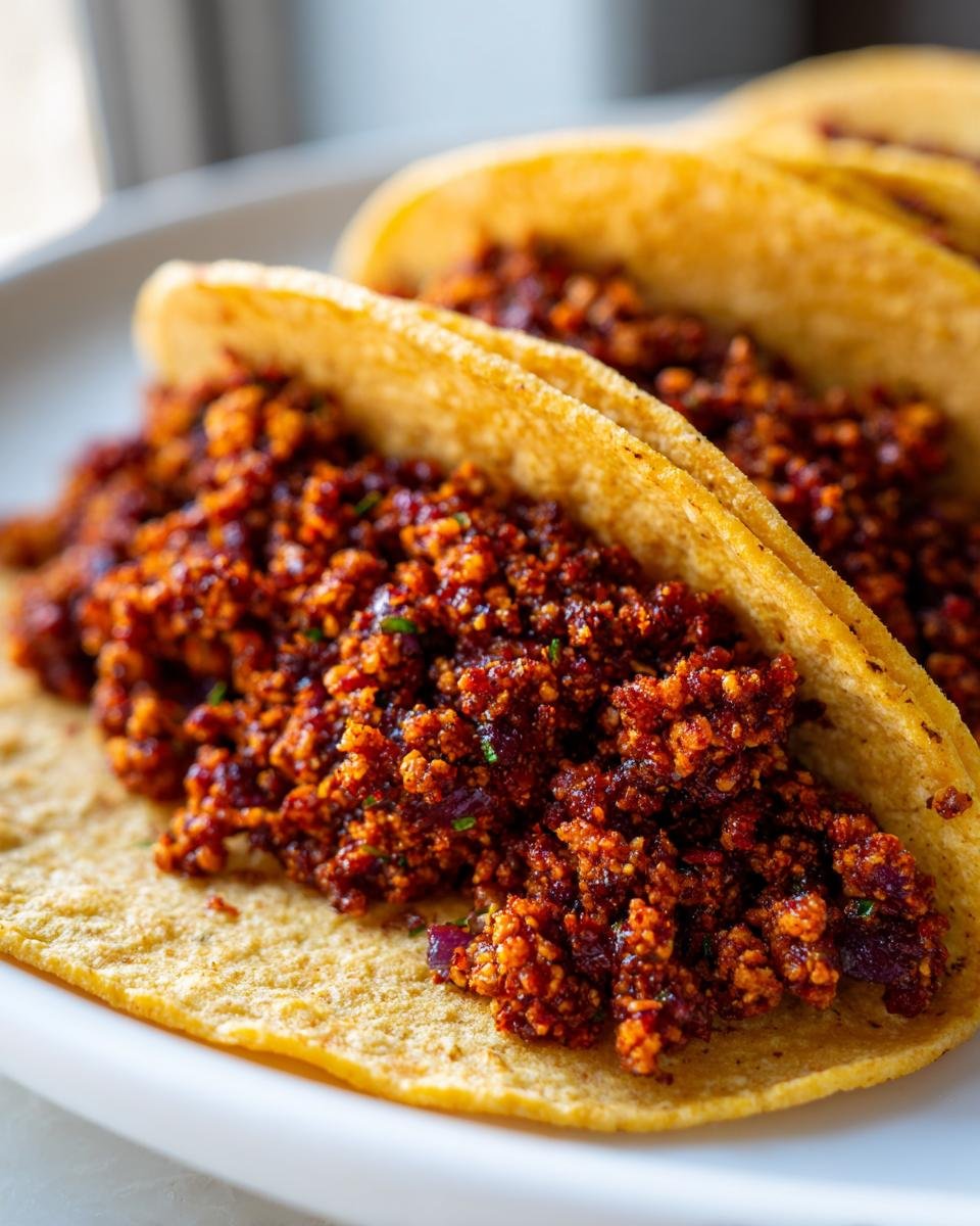 Close-up of Spicy Sofritas Quinoa Tacos filled with rich, dark red, crumbly sofritas mixture in soft corn tortillas.