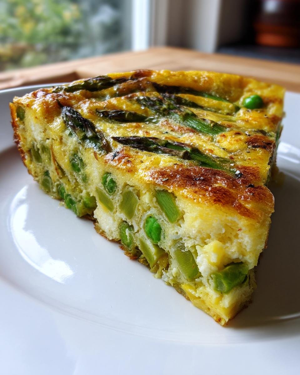 A thick slice of Spring Vegetable Frittata packed with bright green asparagus and peas, served on a white plate.