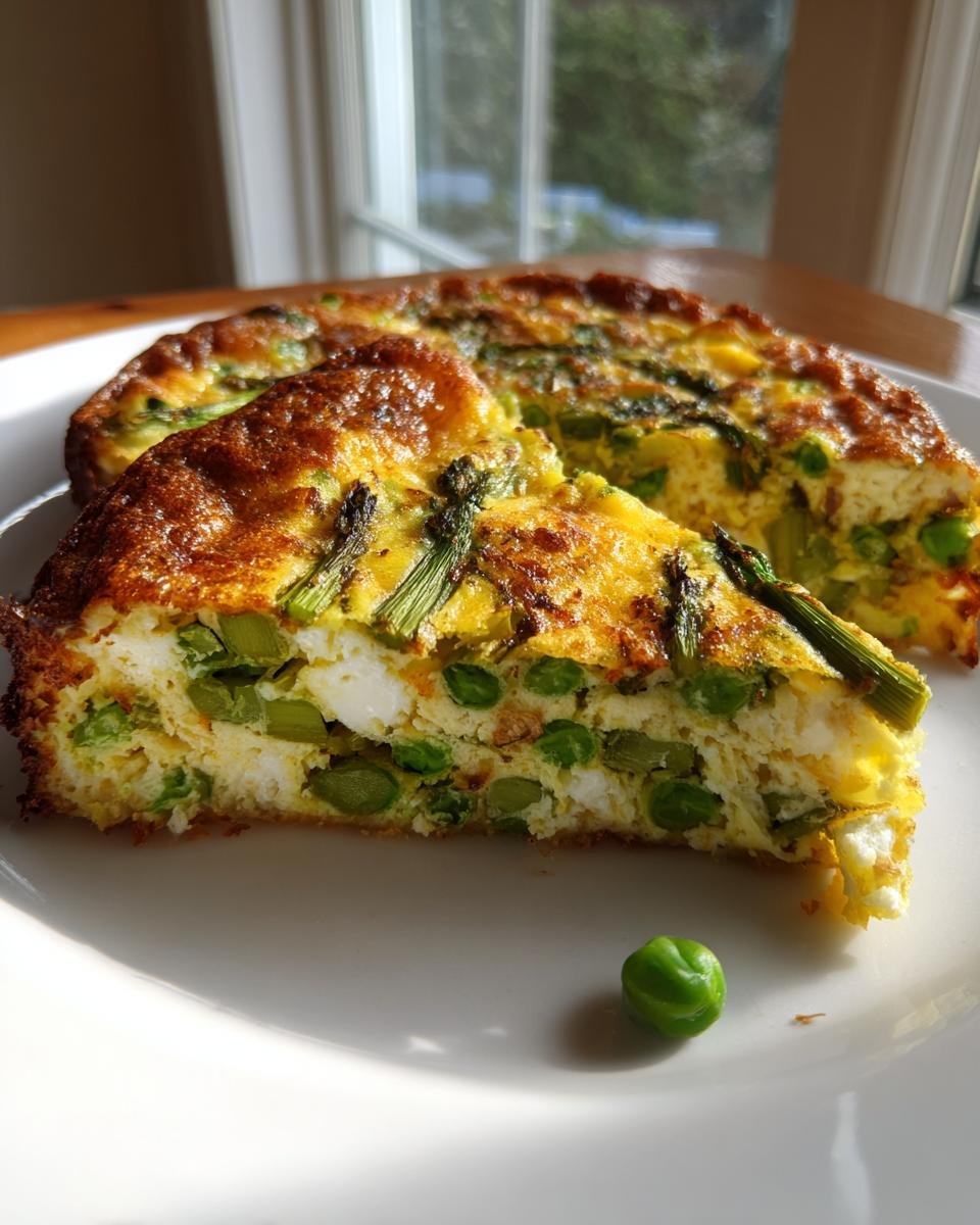 A thick slice of golden-brown Spring Vegetable Frittata filled with bright green asparagus and peas, served on a white plate.