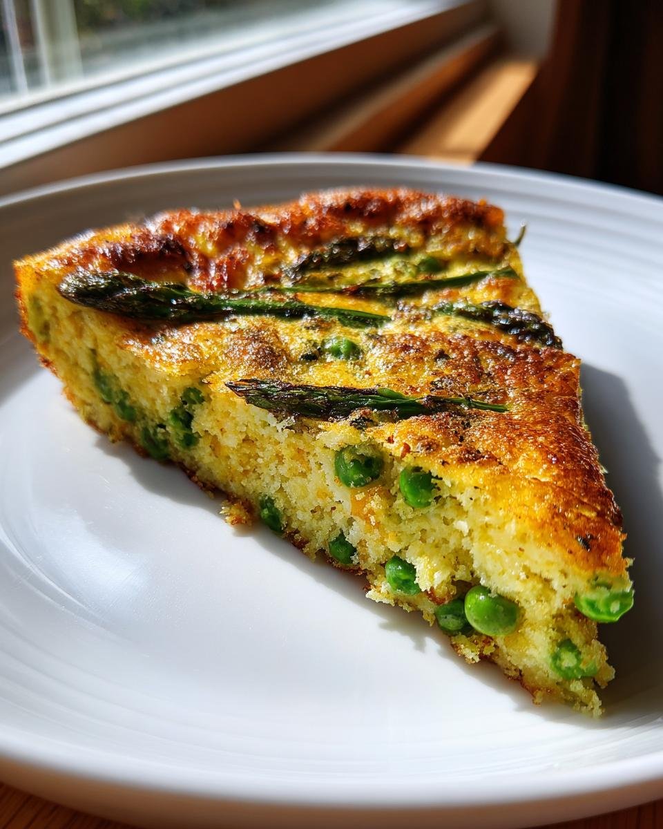 A thick slice of golden Spring Vegetable Frittata featuring bright green peas and asparagus spears, served on a white plate.