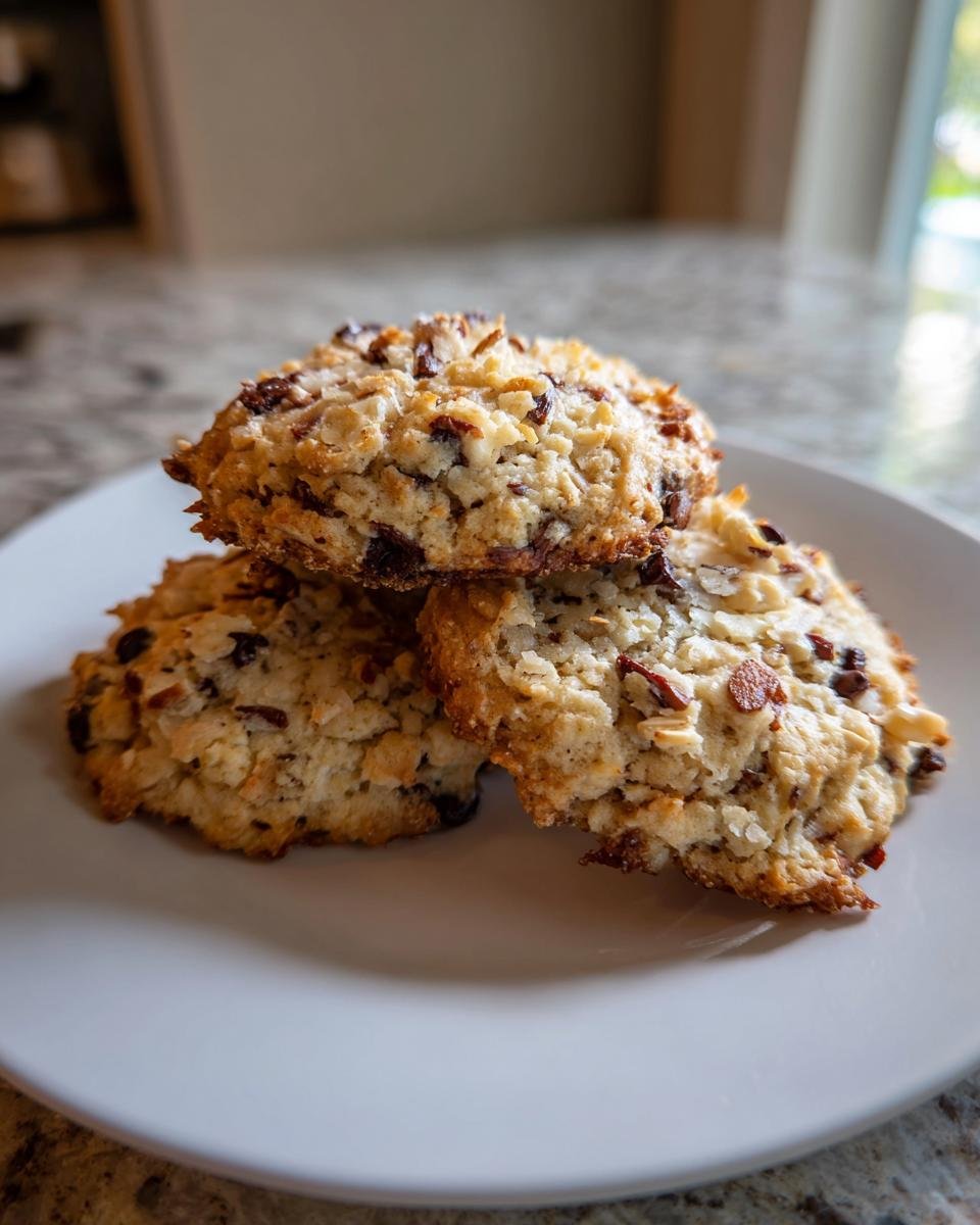 Three freshly baked Chocolate Almond Cookies stacked on a white plate, showing texture and inclusions.