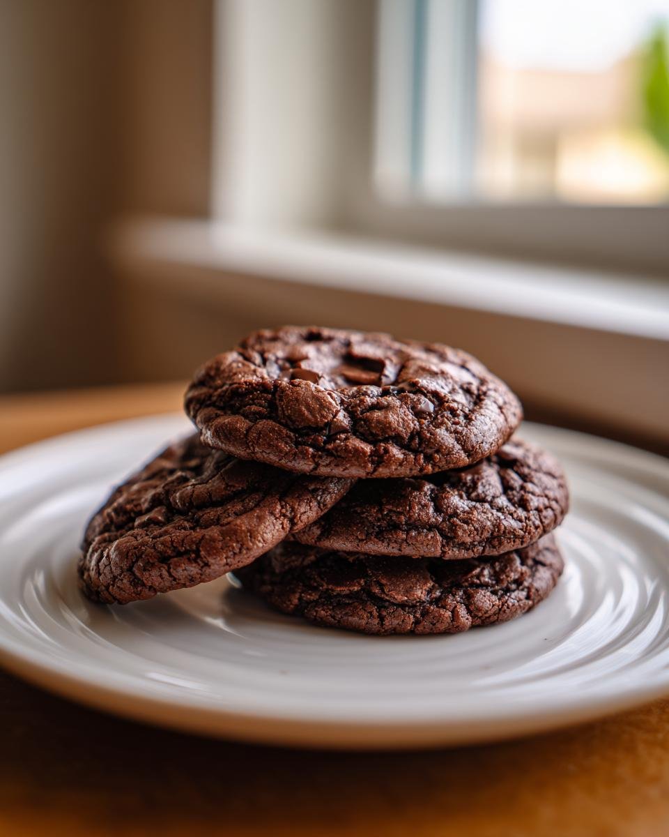 A stack of four fudgy, dark Chocolate Mint Cookies resting on a white plate near a window.