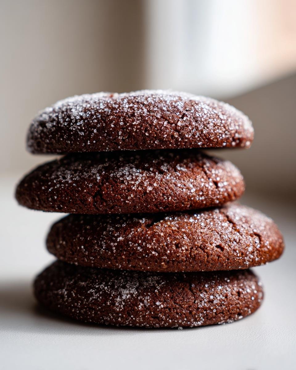 A vertical stack of four dark, chewy Irresistible Gingerbread Snaps coated in sparkling coarse sugar.