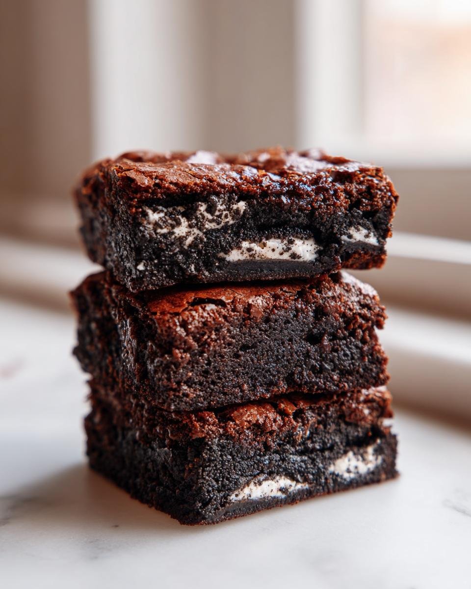 Three fudgy Oreo Brownies stacked vertically, showing the creamy white filling inside the dark chocolate squares.