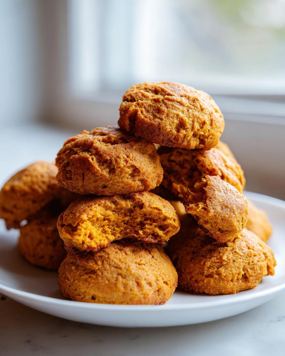 A stack of golden-orange Pumpkin Biscuits piled high on a white plate, one biscuit broken open.