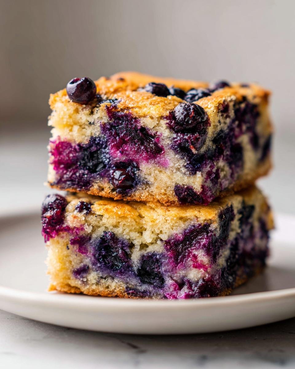 Two stacked squares of moist Blueberry Cookie Bars showing vibrant purple blueberry filling throughout the golden cake base.