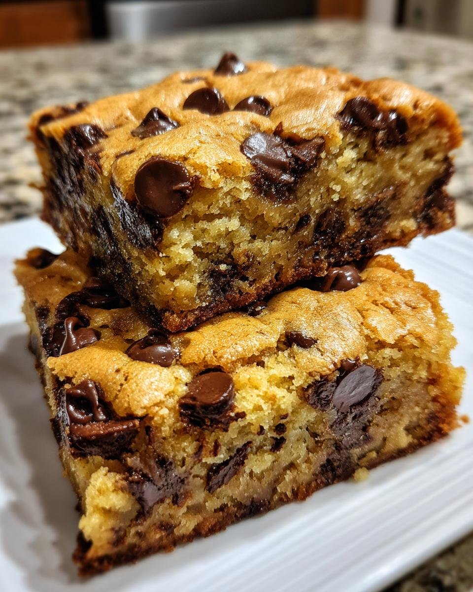 Two stacked, thick squares of moist Chocolate Chip Blondies with gooey melted chocolate chips.