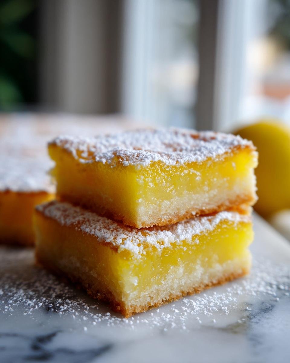 Two stacked, bright yellow Lemon Bars dusted heavily with powdered sugar on a marble surface.