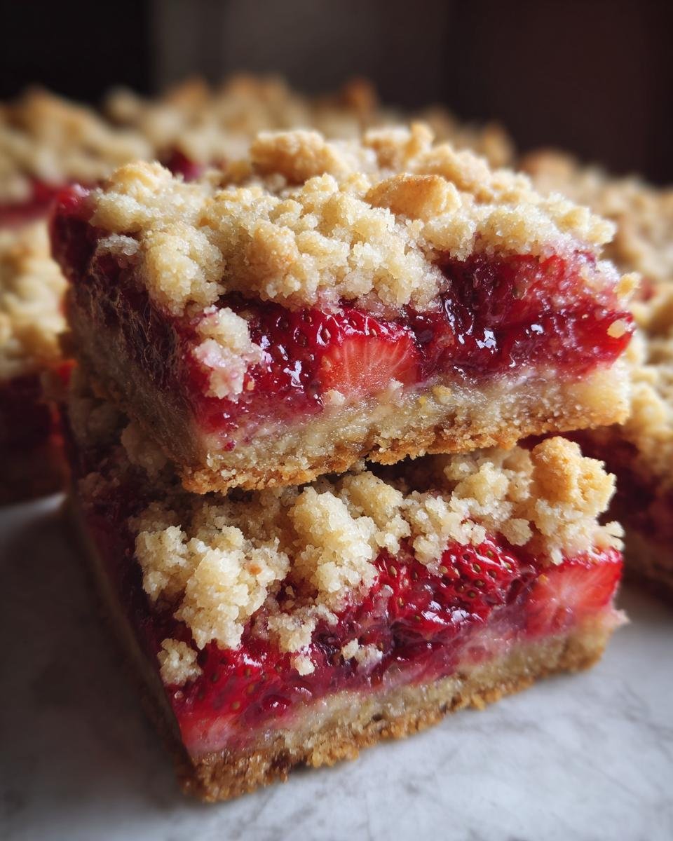 Two stacked squares of homemade Strawberry Crumb Bars showing a thick, jammy strawberry filling and buttery crumble topping.