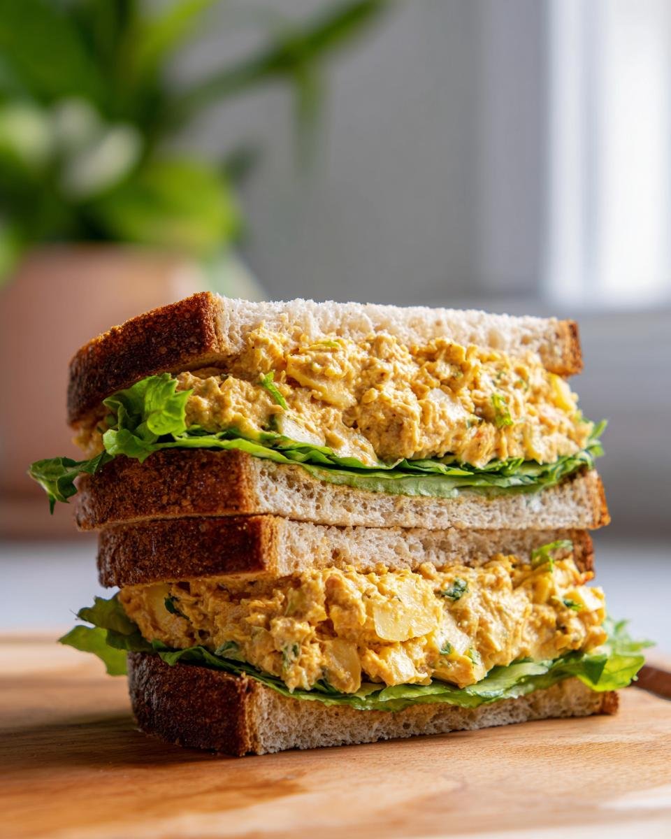 A tall, stacked sandwich featuring thick layers of Vegan Chickpea Tuna Salad and crisp lettuce between slices of whole wheat bread.