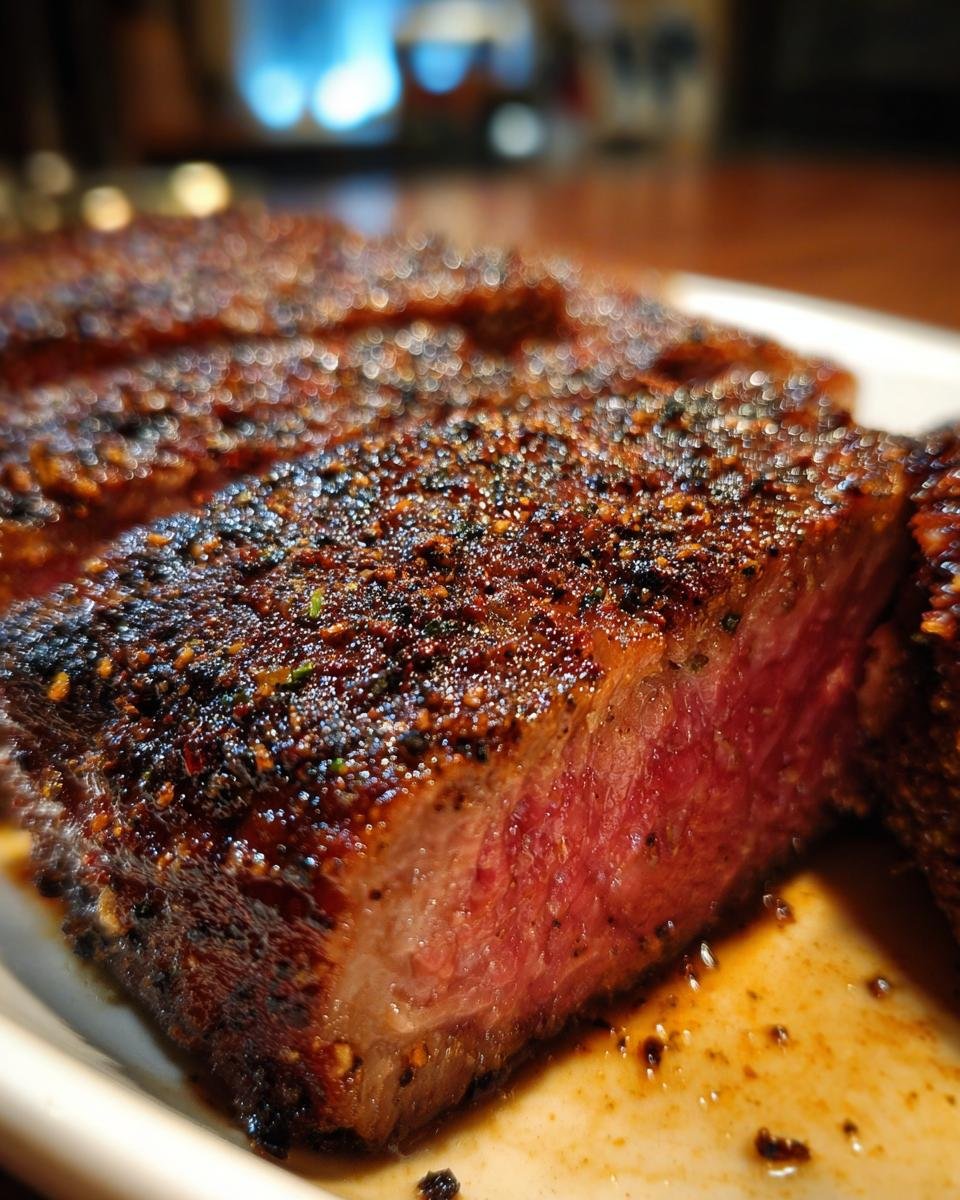 Close-up of a medium-rare steak slice showing a thick, dark crust from My Fave Steak Seasoning Dry Rub.