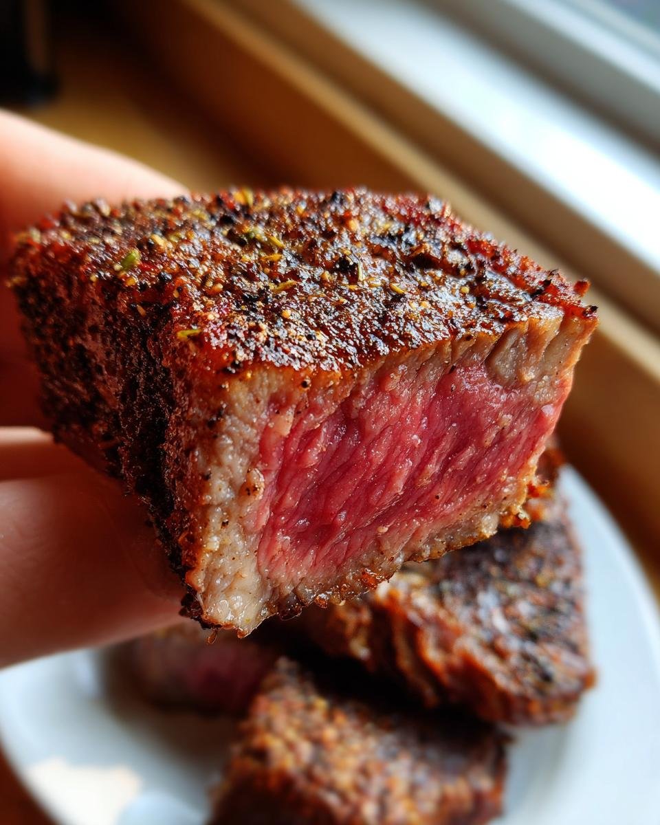 Close-up of a thick-cut steak slice showing a perfect medium-rare center, coated heavily with My Fave Steak Seasoning Dry Rub.