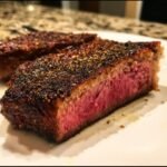 Close-up of a medium-rare steak slice showing a thick, dark crust from My Fave Steak Seasoning Dry Rub and a bright pink center.