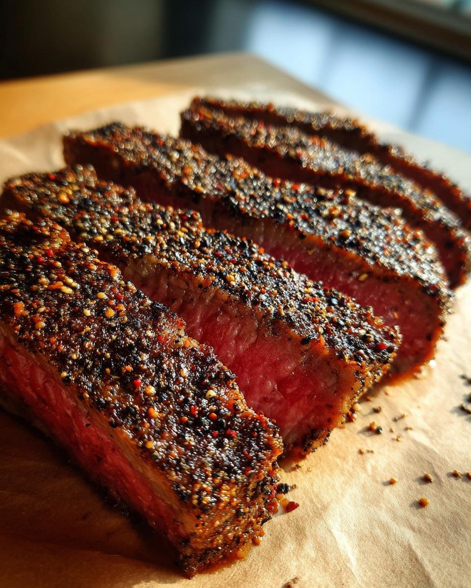 Close-up of medium-rare steak slices coated heavily with My Fave Steak Seasoning Dry Rub.