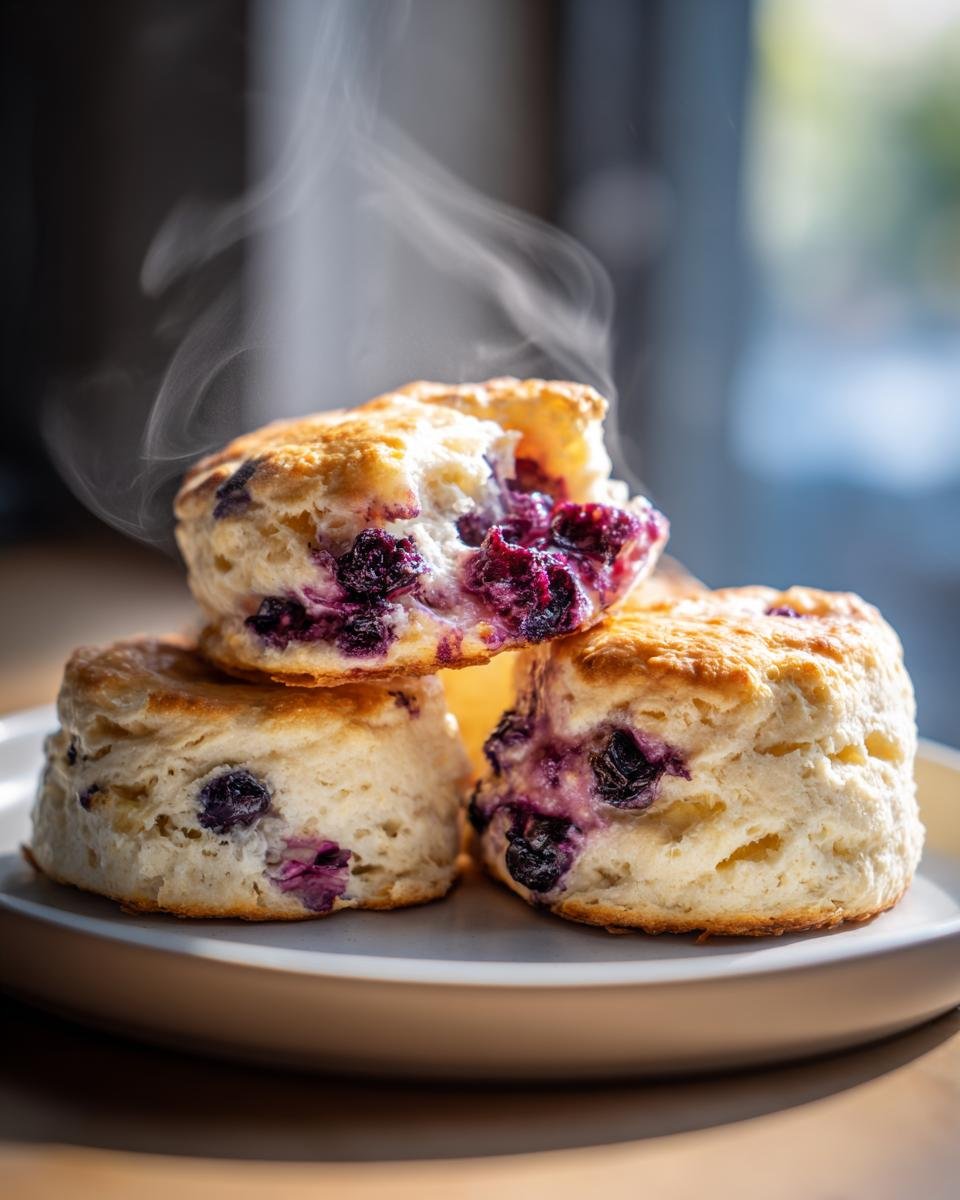 Close-up of three warm, fluffy Blueberry Biscuits stacked, showing melted blueberries inside and steam rising.