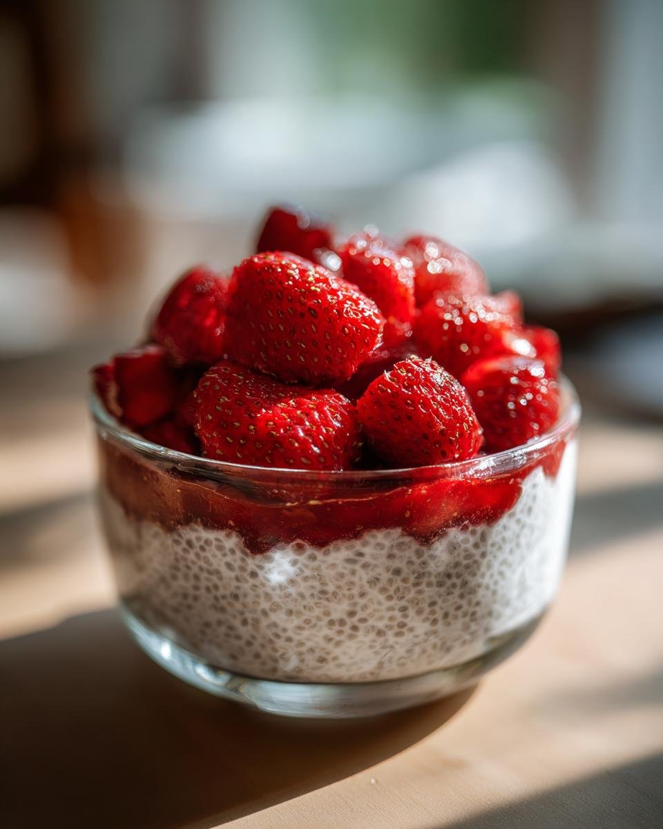 Close-up of Strawberry Coconut Chia Seed Pudding topped with fresh strawberries and jam.