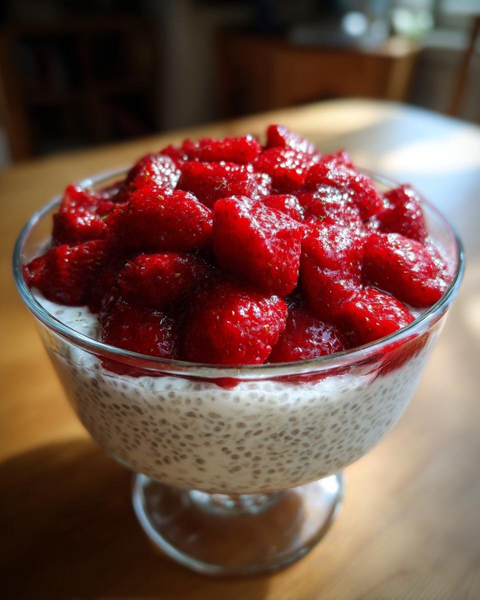 Close-up of Strawberry Coconut Chia Seed Pudding topped with bright red macerated strawberries in a glass serving dish.