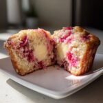 A Strawberry Cream Cheese Muffin cut in half revealing a rich cream cheese center and bright pink strawberry pieces.