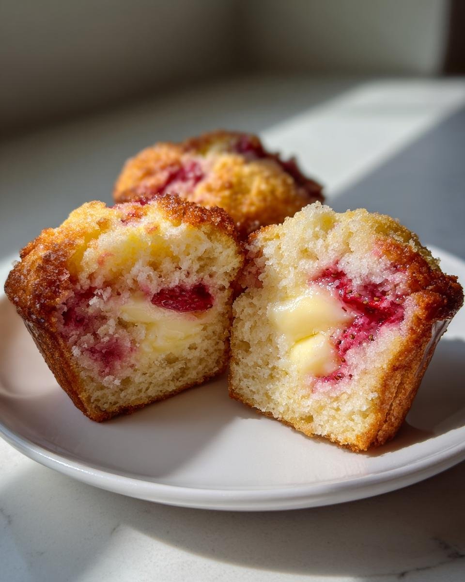 A Strawberry Cream Cheese Muffin cut in half showing the moist cake, bright red strawberries, and creamy center.
