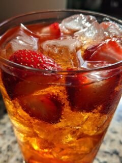Close-up of Southern Strawberry Iced Sweet Tea Without Brown Sugar filled with ice and fresh strawberry slices.