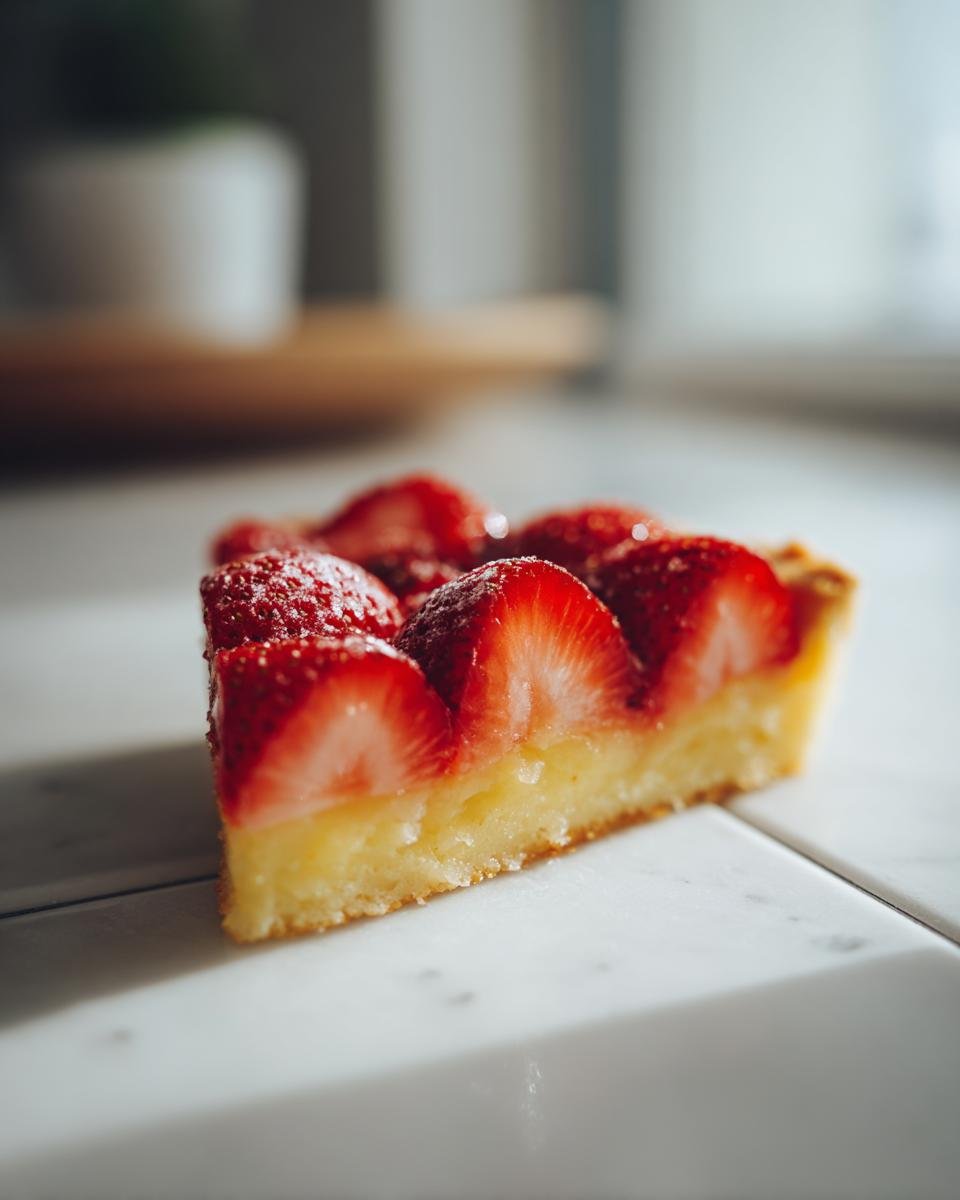 A close-up slice of bright Strawberry Lemon Bars topped with fresh, glistening strawberries and powdered sugar.