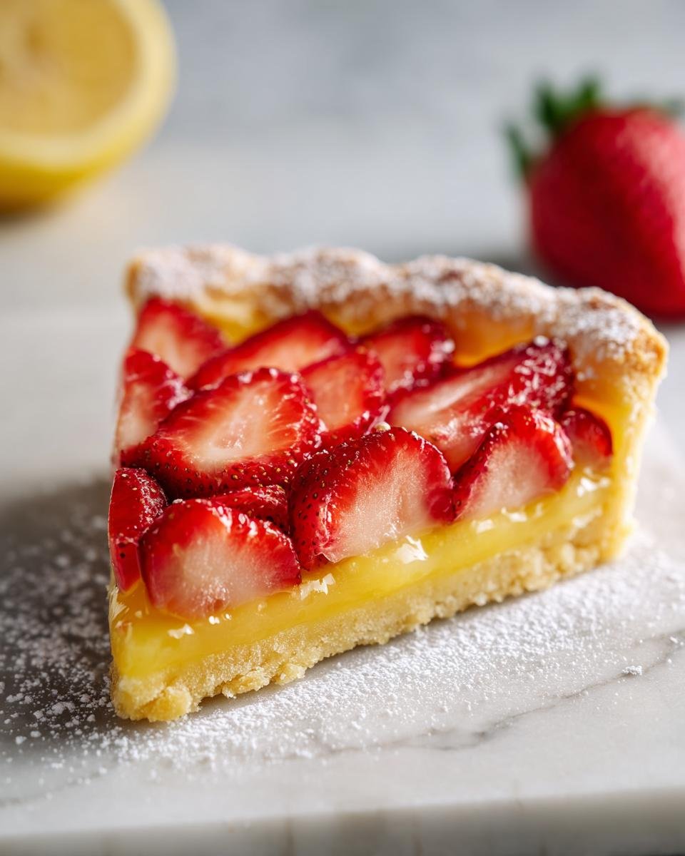 Close-up of a perfect slice of Strawberry Lemon Bars showing a buttery crust, bright lemon filling, and fresh strawberry topping.