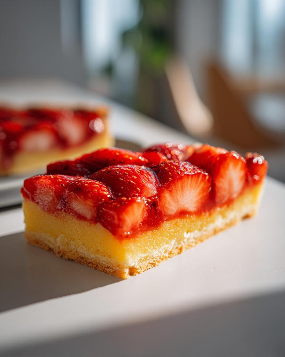 A close-up side view of a thick slice of Strawberry Lemon Bars showing the crust, lemon filling, and glossy strawberry topping.