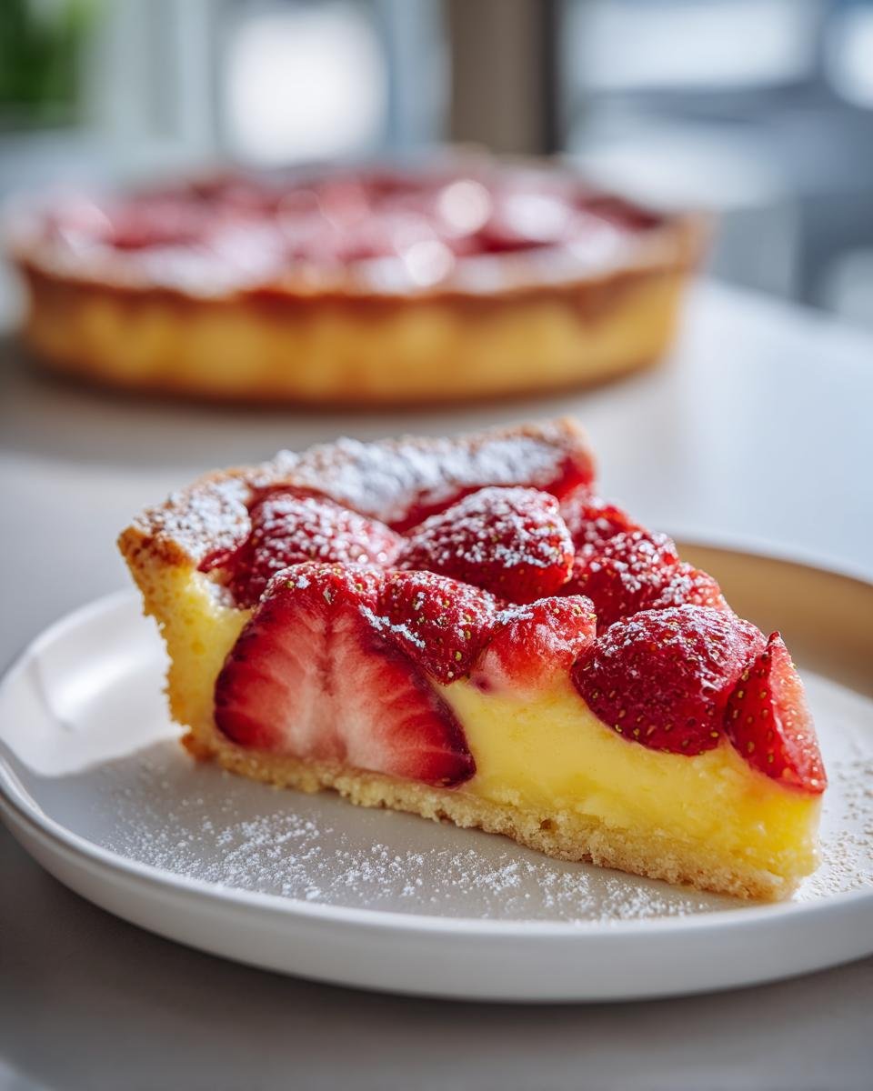A close-up slice of Strawberry Lemon Bars featuring a shortbread crust, lemon curd filling, and fresh strawberries dusted with powdered sugar.