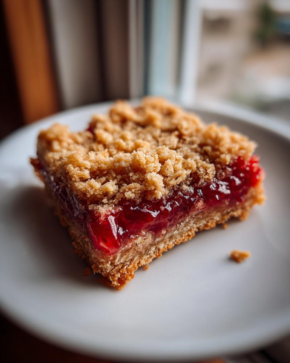 A single square of Strawberry Oat Bars featuring a thick layer of bright red strawberry filling and a golden, crumbly oat topping.