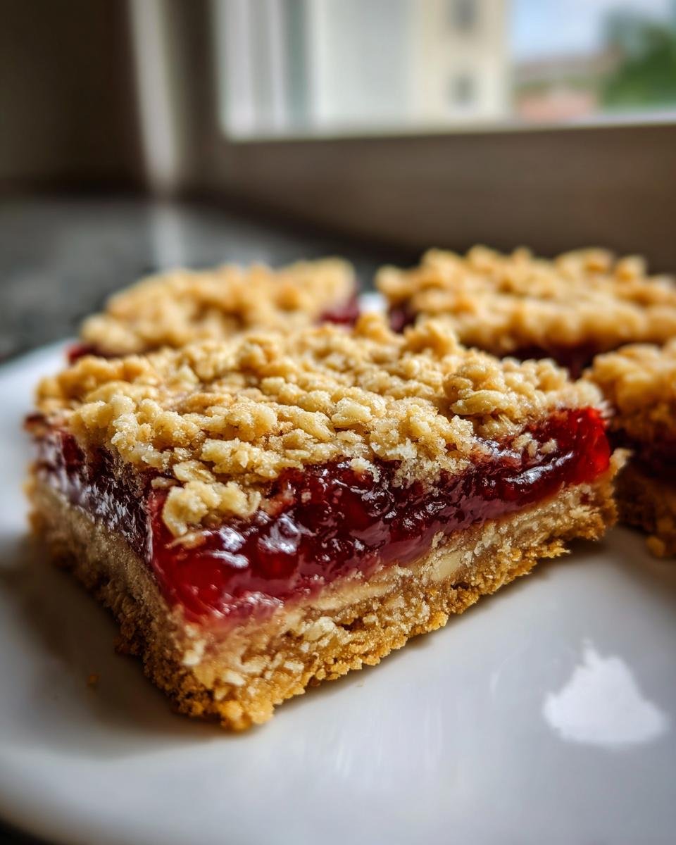 A close-up of a perfectly cut square of Strawberry Oat Bars showing the thick jam layer and crumbly oat base.