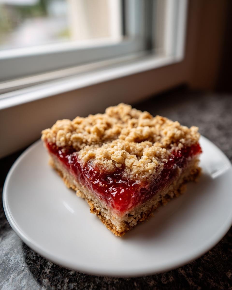 A close-up of a single serving of Strawberry Oat Bars with a thick, bright red filling and a crumbly oat topping.
