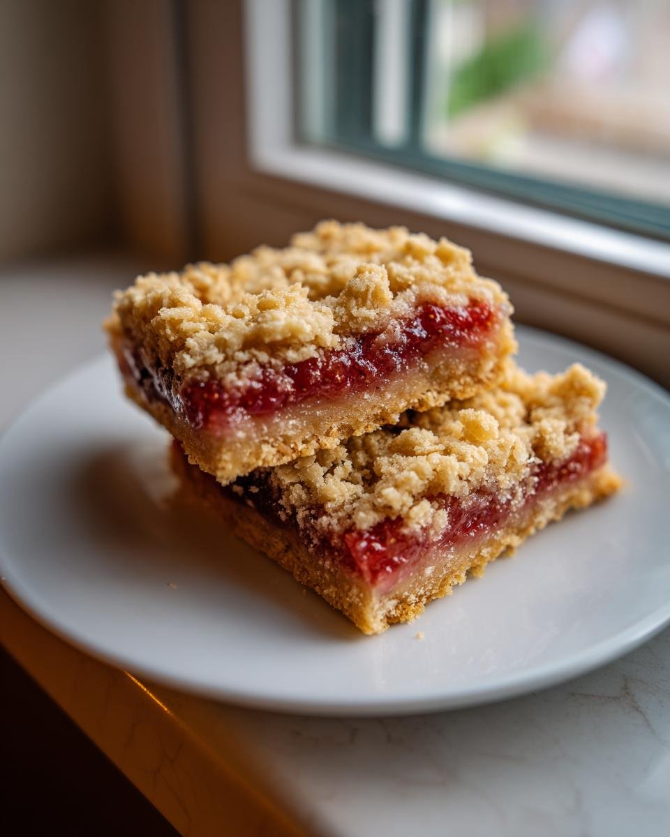 Two stacked Strawberry Oat Bars featuring a thick strawberry jam filling and a golden, crumbly oat topping.