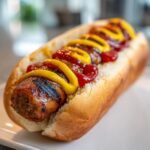Close-up of a grilled andouille sausage hot dog in a bun, topped with zigzag lines of ketchup and yellow mustard.
