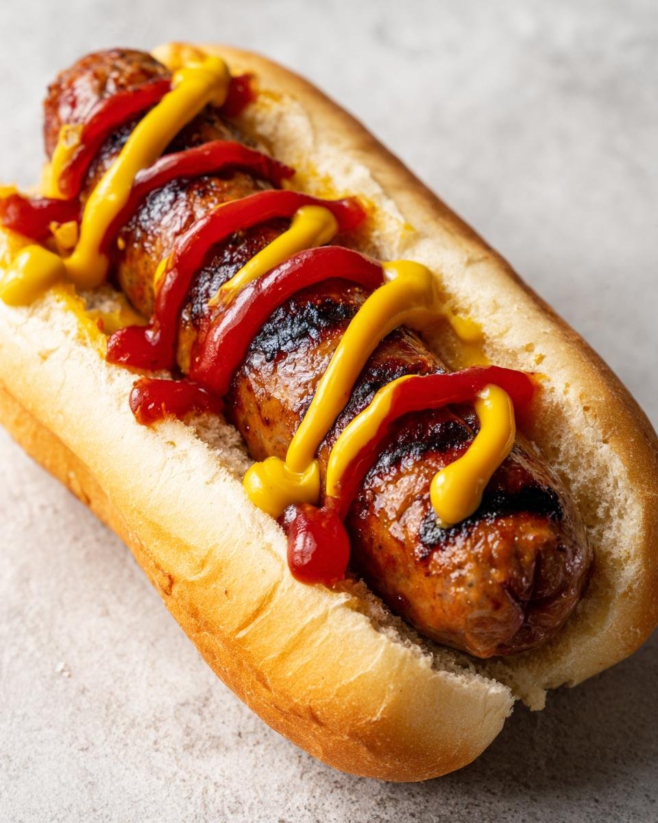 Close-up of a grilled Summer Grilled Andouille Sausage Hot Dog topped generously with zig-zags of ketchup and yellow mustard.