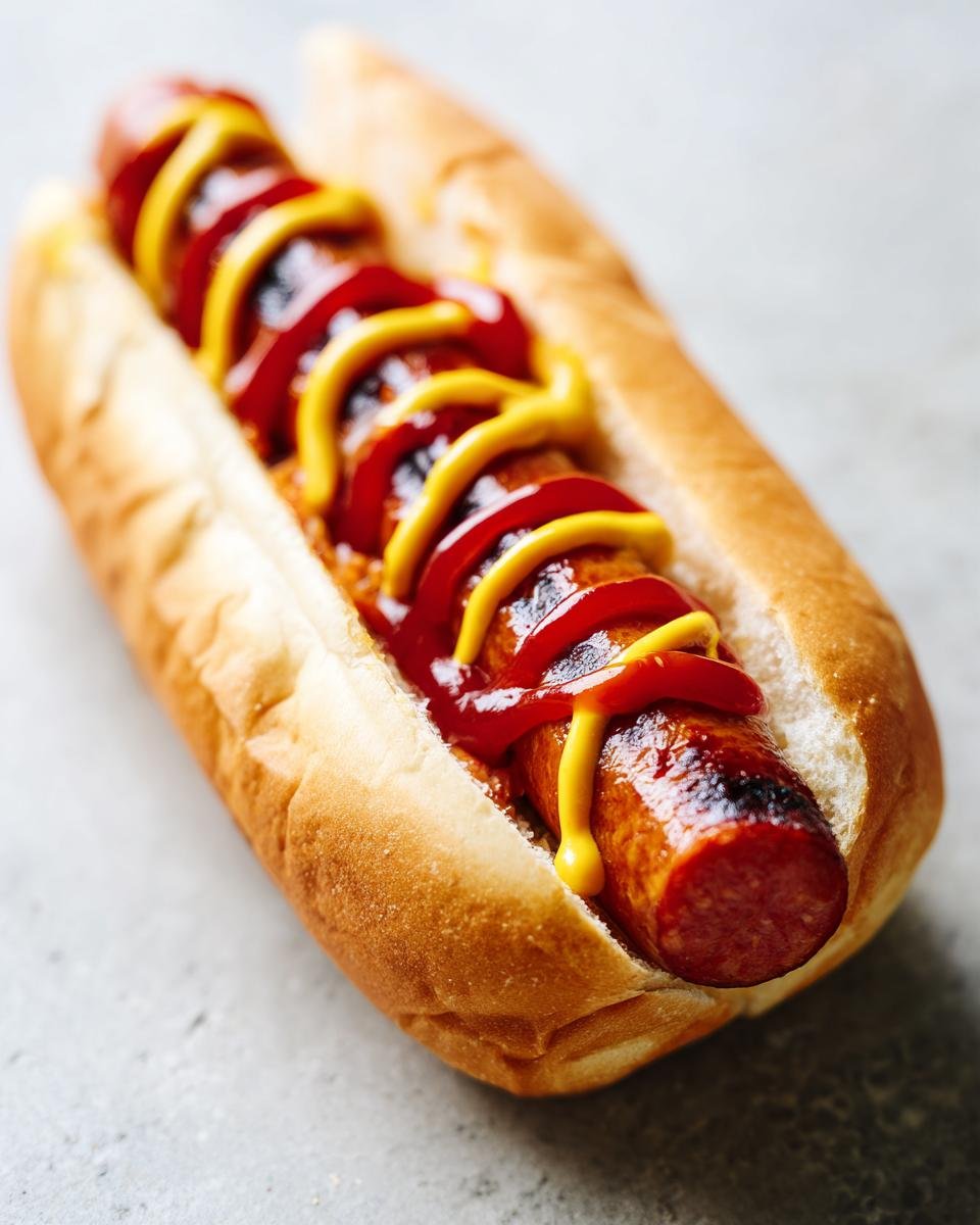 Close-up of a grilled Summer Grilled Andouille Sausage Hot Dog topped with zigzag lines of ketchup and yellow mustard.