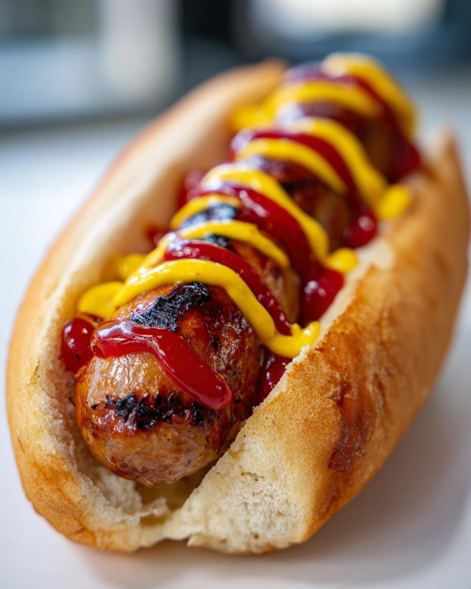 Close-up of a grilled Summer Grilled Andouille Sausage Hot Dog topped with zigzag lines of ketchup and yellow mustard.