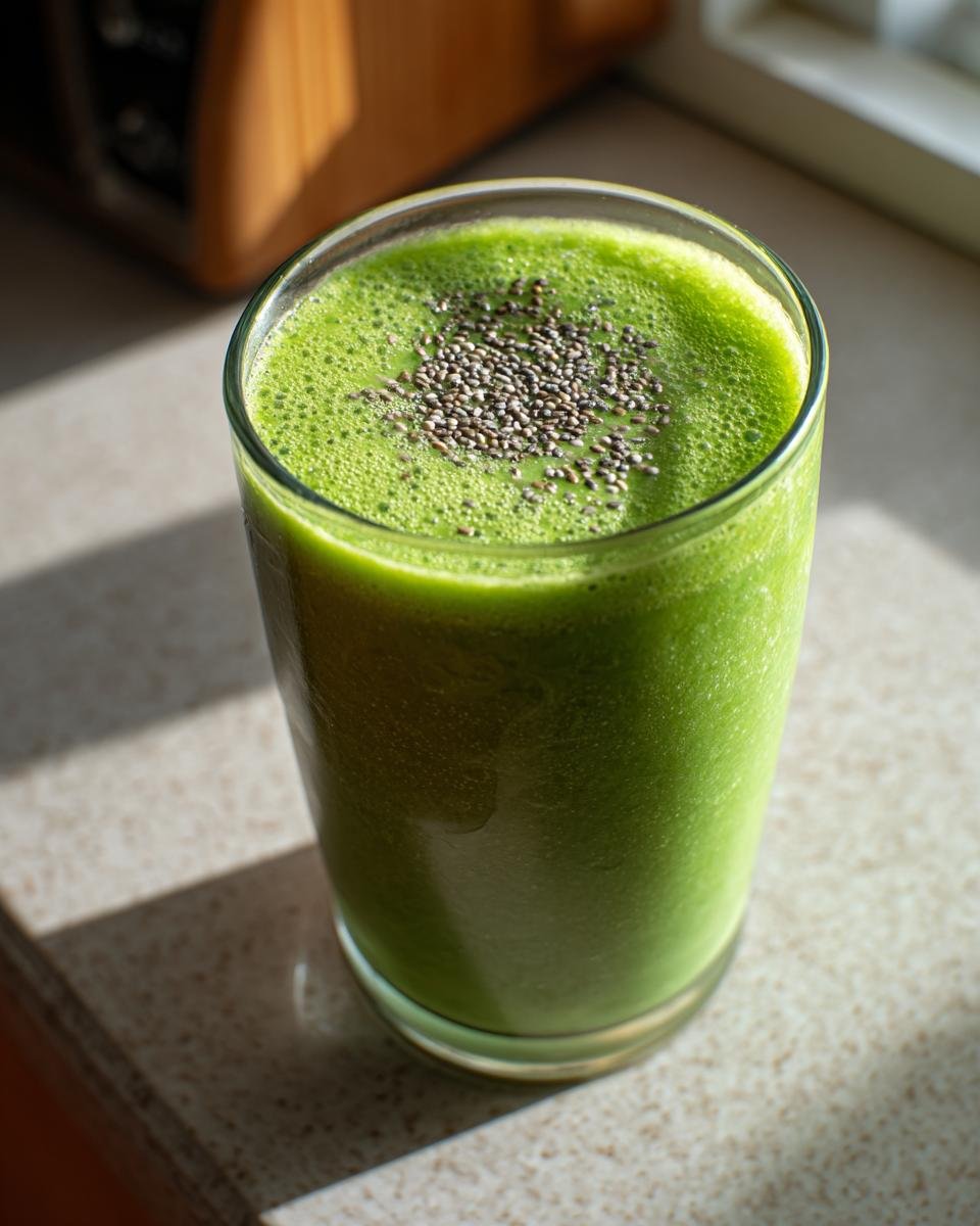 Close-up of a vibrant green Super Green Detox Smoothie topped with chia seeds in a clear glass.