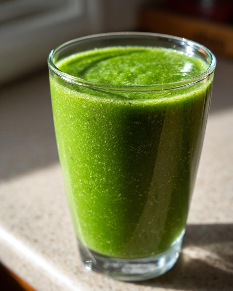 Close-up of a vibrant glass filled with a thick Super Green Detox Smoothie, catching sunlight.