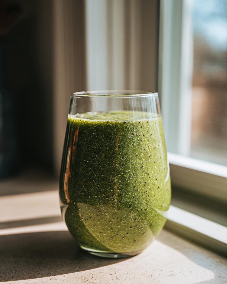 A glass filled with a thick, vibrant Super Green Detox Smoothie sitting on a windowsill in bright natural light.