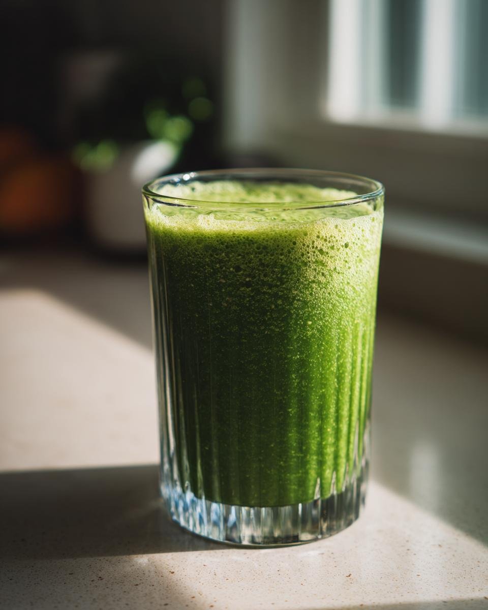 A tall, fluted glass filled with a vibrant, foamy Super Green Detox Smoothie sitting on a light countertop.
