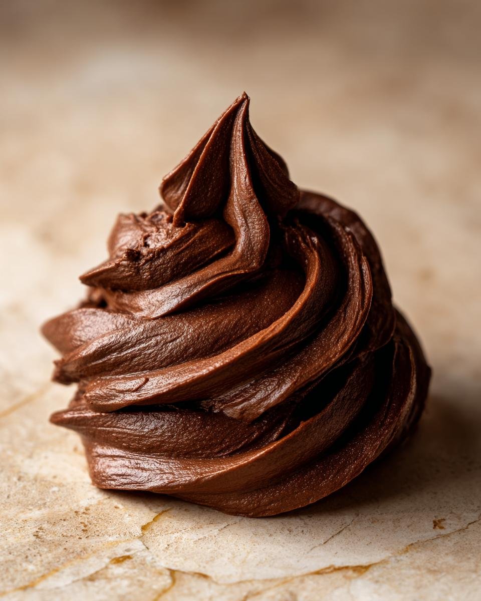 A perfect swirl of rich, dark Chocolate Frosting piped onto a light textured surface.